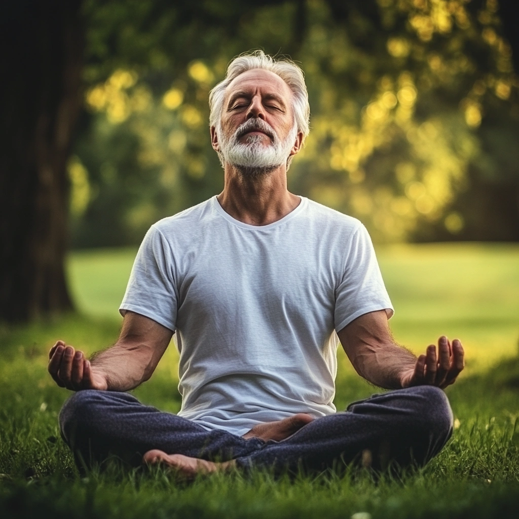 Чоловік старшого віку медитує в парку