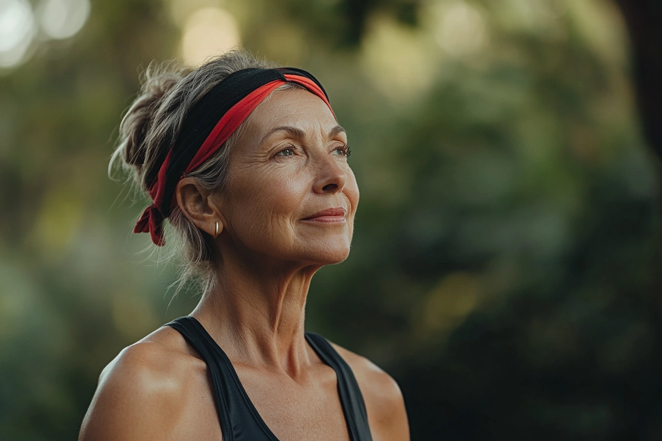 Жінка старшого віку практикує йогу на свіжому повітрі